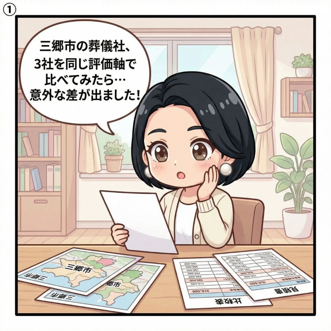 元葬儀ディレクター村瀬あかりが三郷市の葬儀社3社比較を発見し驚く漫画イラスト