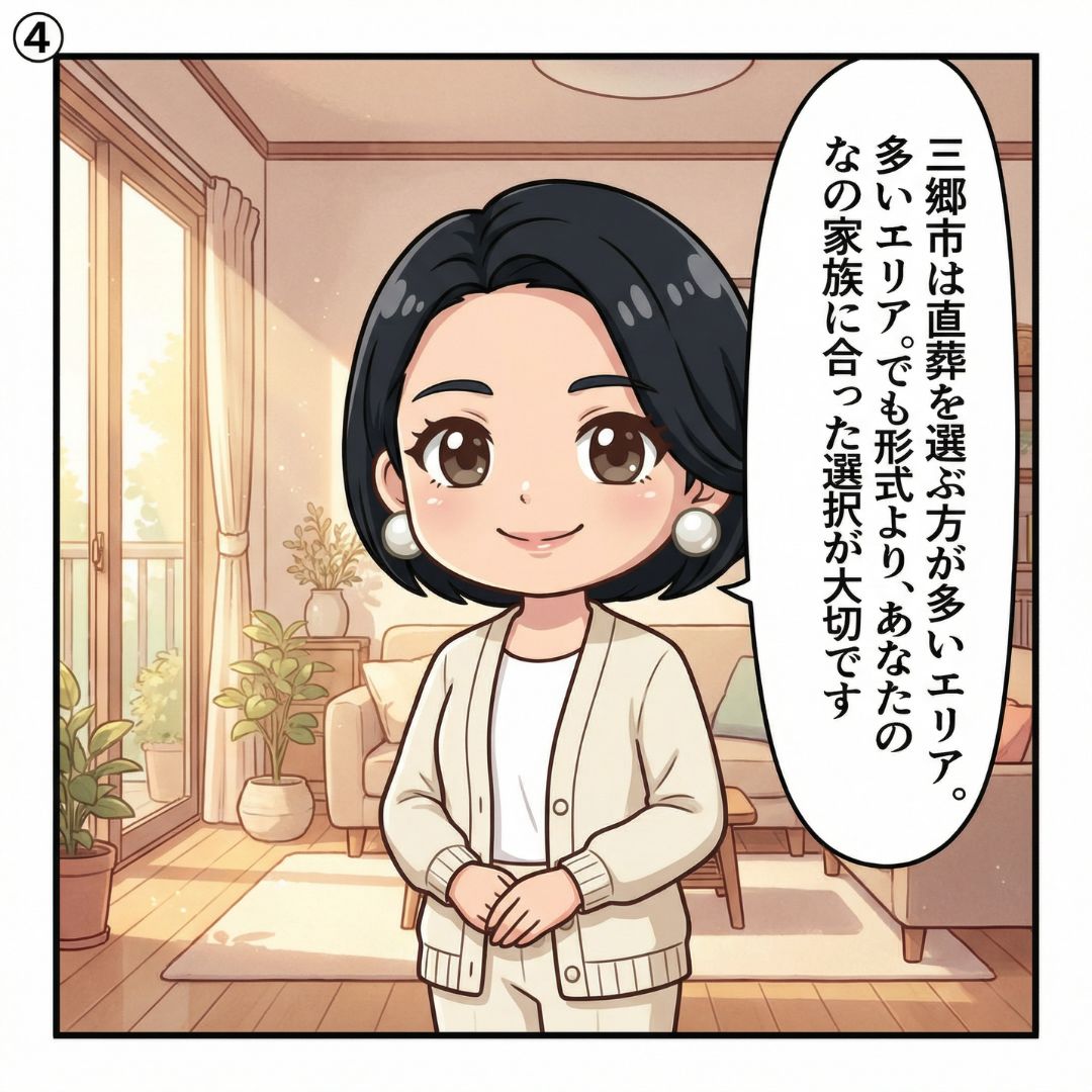 村瀬あかりが三郷市の葬儀形式より家族に合った選択の大切さを伝える漫画イラスト