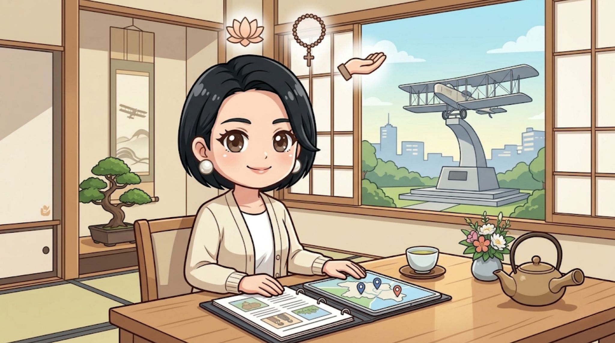 所沢市での葬儀・家族葬ガイドのアイキャッチ。和室で資料やタブレットを見ながら葬儀の相談・準備をする女性のイラストと、所沢航空記念公園の飛行機モニュメントを背景にした風景。