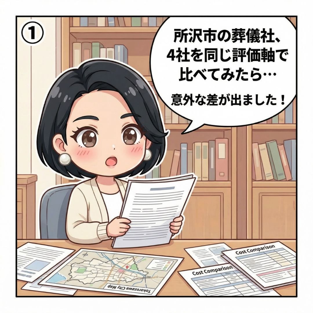 元葬儀ディレクターの村瀬あかりが所沢市の葬儀社4社を比較した資料を手に驚く漫画イラスト